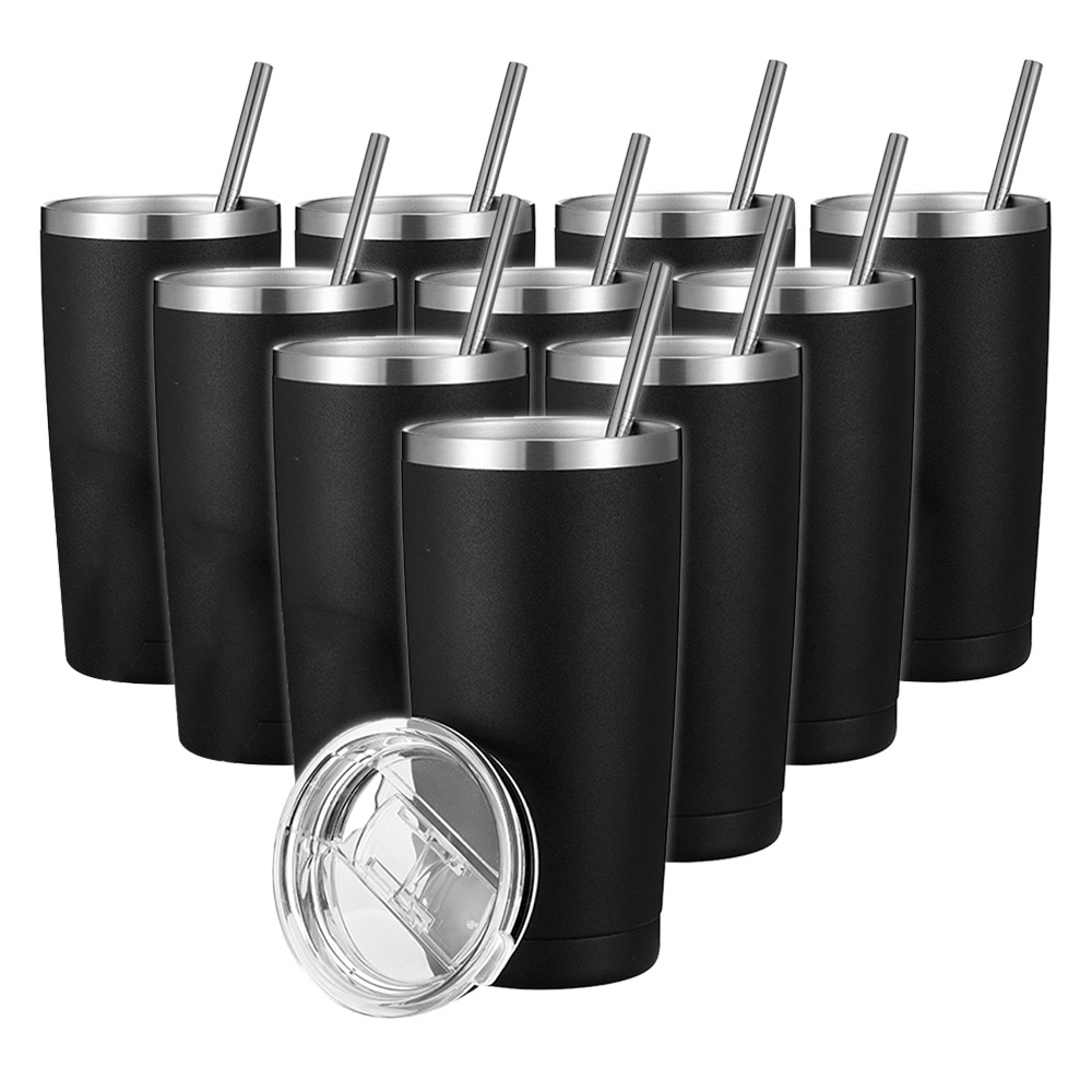 CALCA 10pcs 20oz Travel Tumbler Stainless Steel Double Wall Vacuum Insulated Cup with Slider Lid(Black)