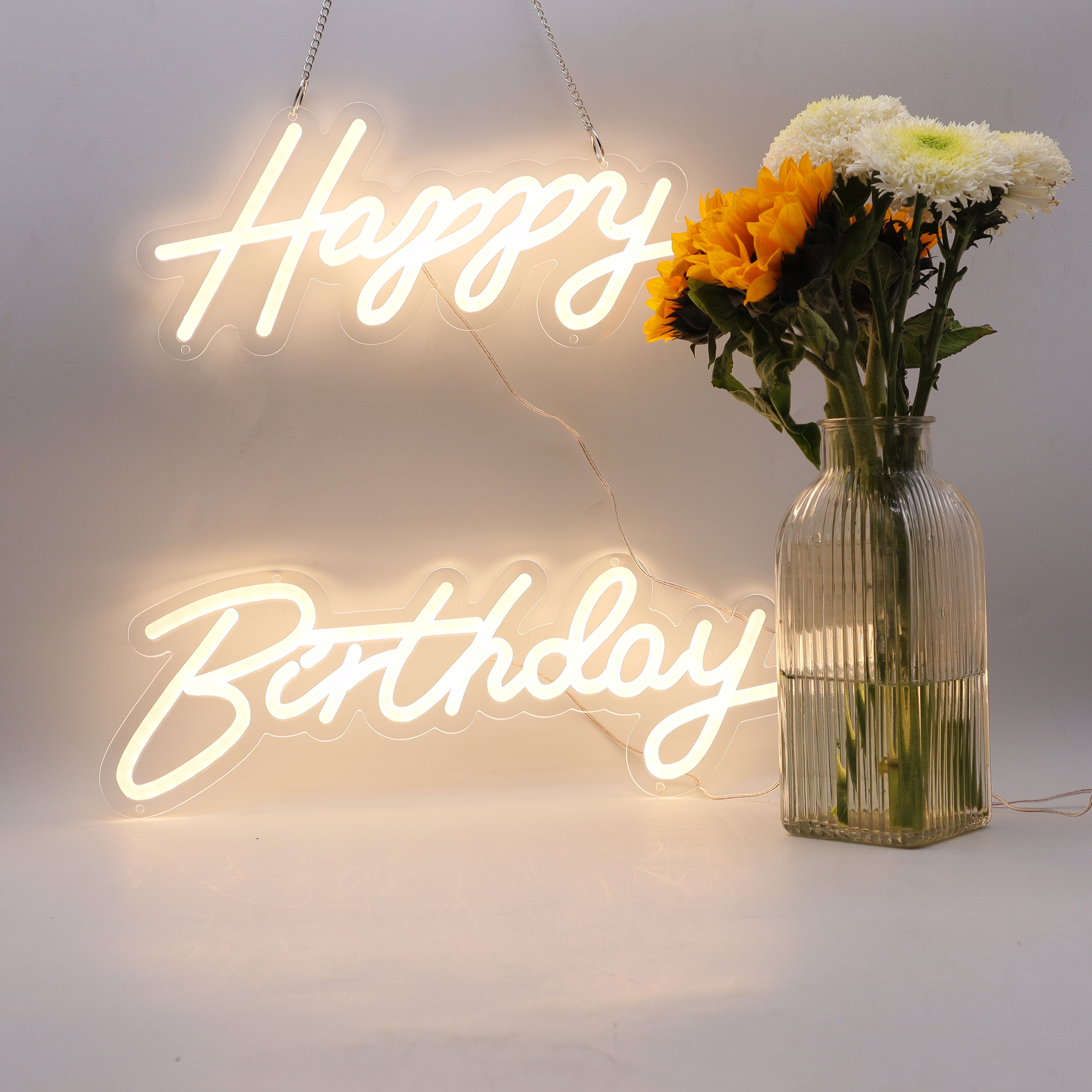 CALCA Happy Birthday Warm White Integrative Neon Sign for Birthday Party Decoration Size-18X7.05 Inches+13.3X6.2 Inches