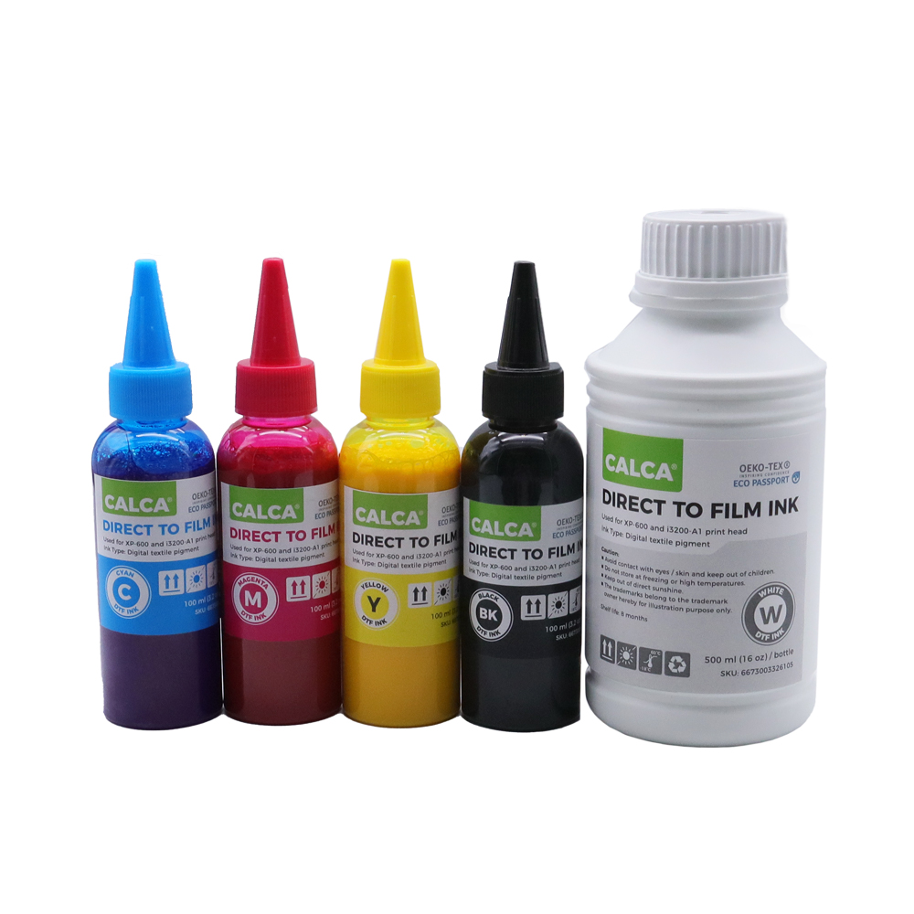 One set (4 x 100ml + 1 x 500ml) of CALCA Direct to Transfer Film Ink for Epson Printheads , Water-based DTF Inks