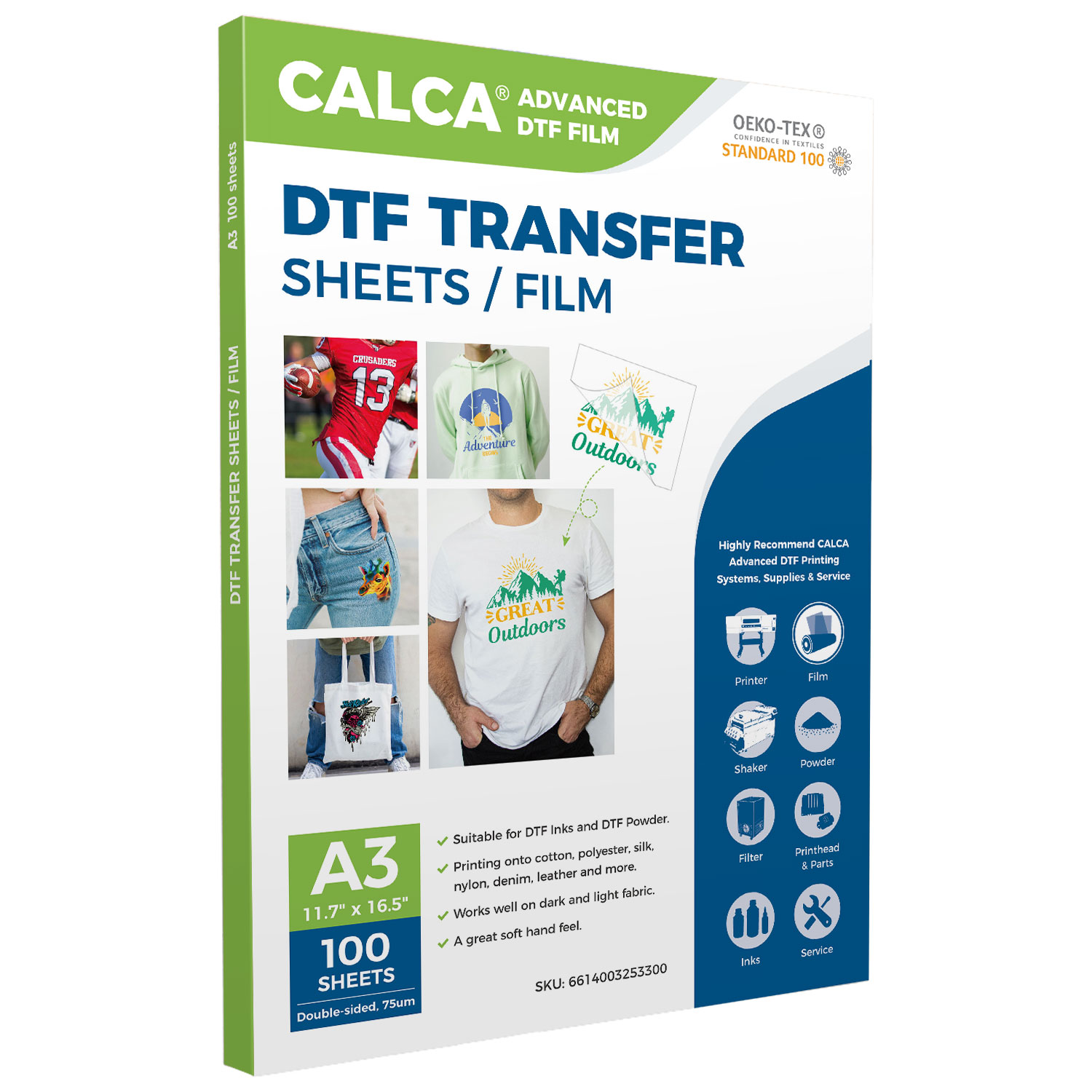 CALCA A3 - 11.7" x 16.5" DTF Transfer Film - Double Sided, Hot Peel - 100 Sheets/pack