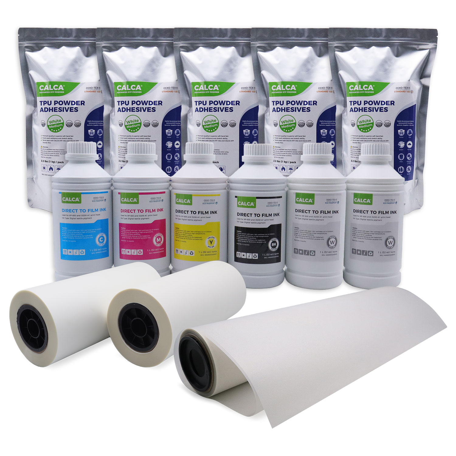 CALCA 24in DTF Film Rolls Printing Starter Supply Pack (1L CMYK, 2L W Ink, 11 lbs Powder, 3 Rolls 24in DTF Film)