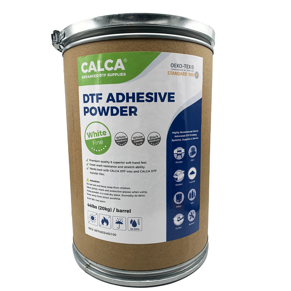 CALCA Direct to Film TPU DTF Powder, Digital Transfer Hot Melt Adhesive Powder (44lbs , 20kg/Barrel, Fine, White)