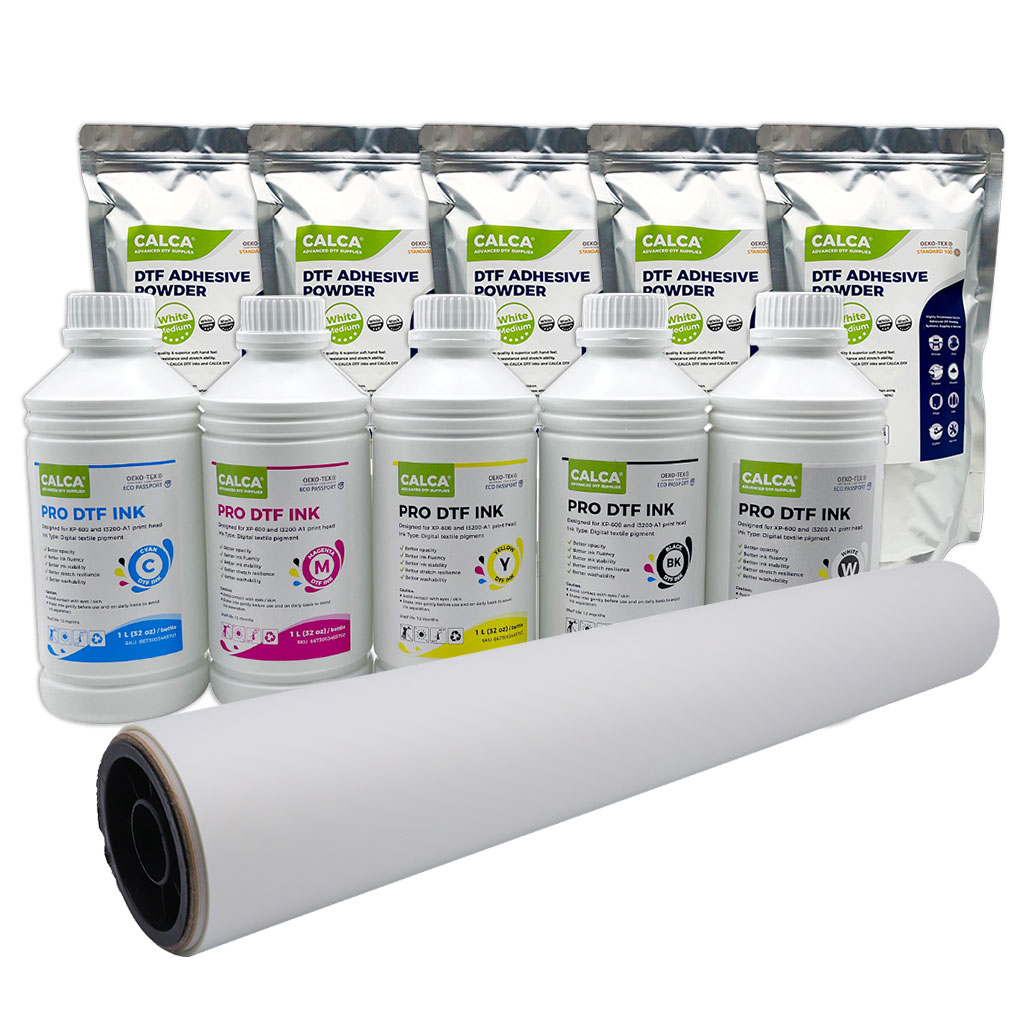 CALCA PRO 24in DTF Film Rolls Printing Starter Supply Pack (1L PRO CMYK, 1L PRO W Ink, 11 lbs Powder, 24in Roll Film)