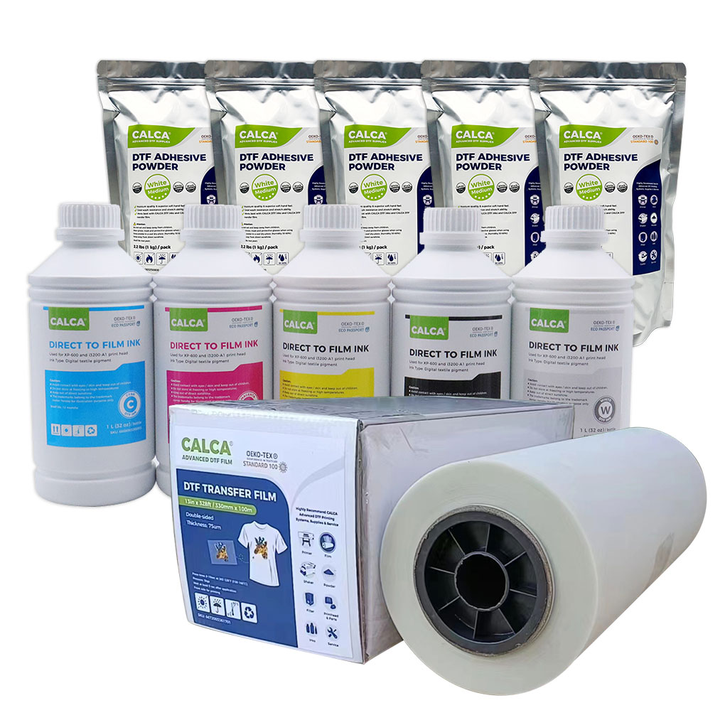 CALCA A3 DTF Film Rolls Printing Starter Supply Pack (1L CMYK, 1L W Ink, 11 lbs Powder, A3 Roll Film)