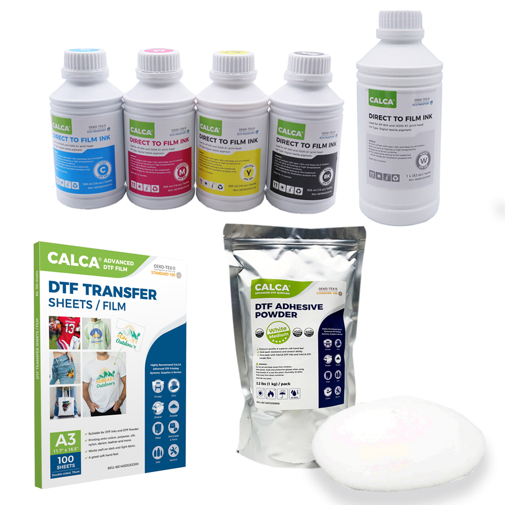 CALCA A3 DTF Film Sheets Printing Starter Supply Pack (500ml CMYK, 1L W DTF Ink, 2.2 lbs Powder, A3 Sheet Film)