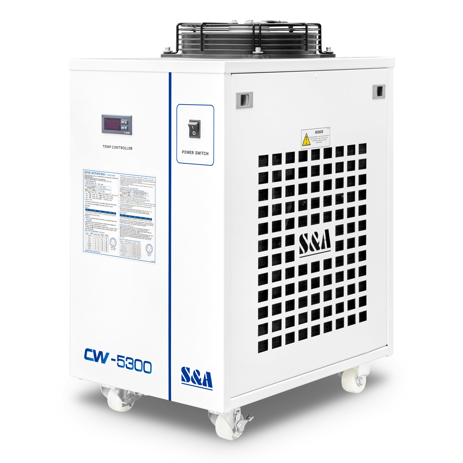 S&A CW-5300DI Industrial Water Chiller (AC 1P 110V 60HZ) for 1 x 200W CO2 laser, 100W Laser Diode, 75W Solid-state Laser, 18KW CNC Spindle