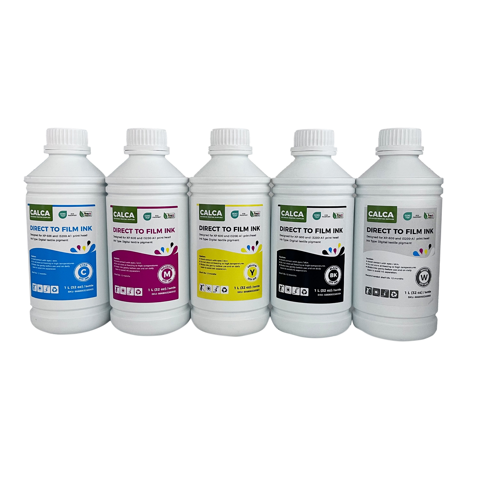 5 Colors(C,M,Y,K,W) CALCA Direct to Transfer Film Ink for Epson Printheads. 32 oz, Bottle of 1L, Water-based DTF Inks