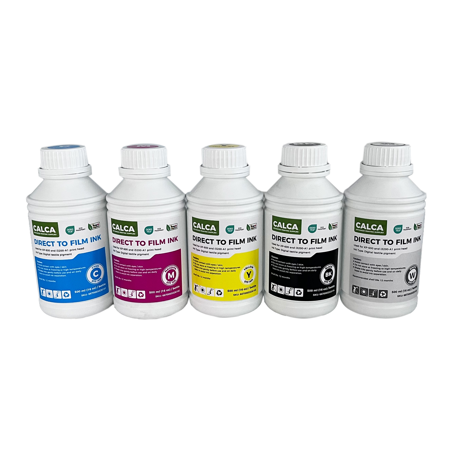 5 Colors(C M Y K W) CALCA Direct to Transfer Film Ink for Epson Printheads. 80 oz, Bottle of 500ml, Water-based DTF Inks