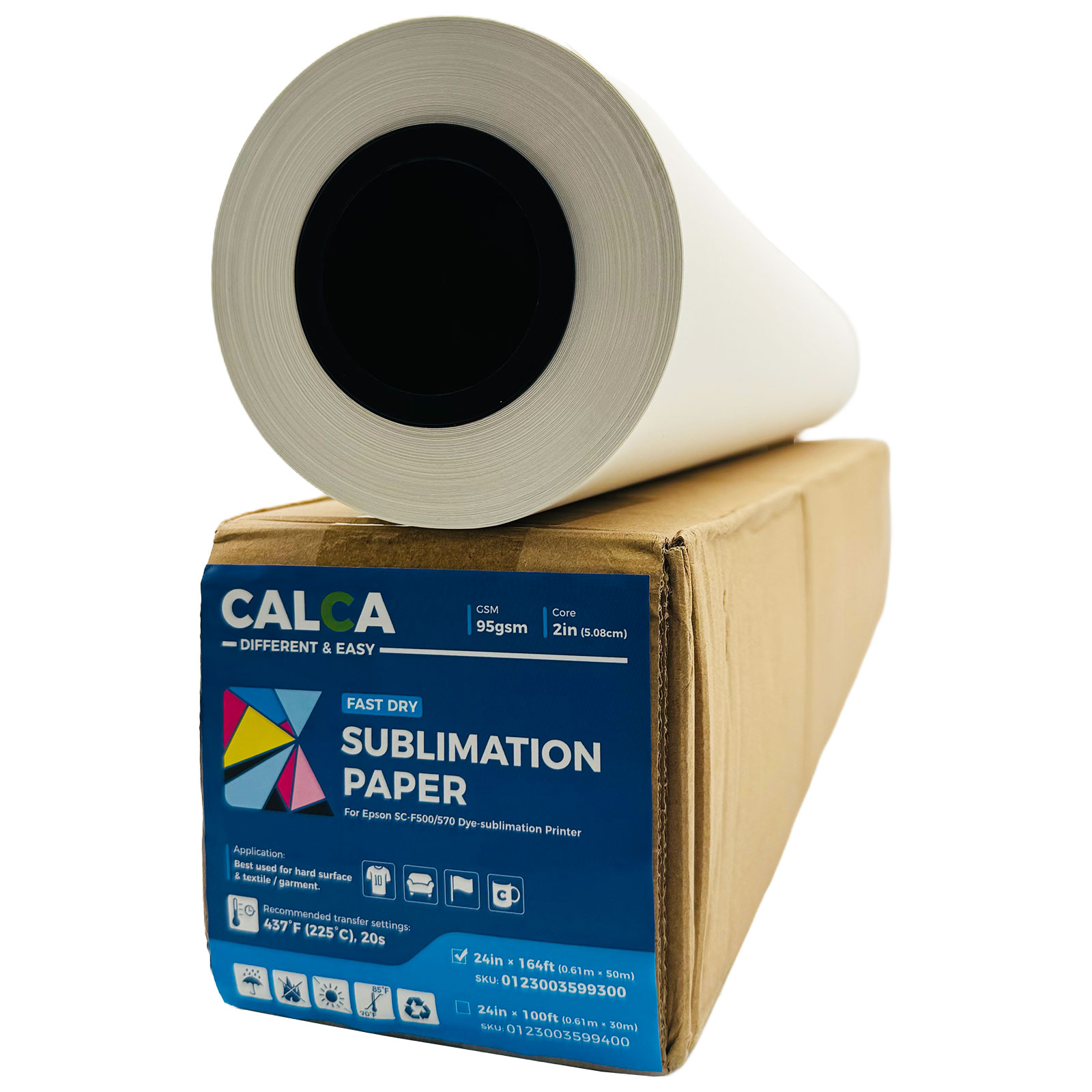CALCA 95gsm 24in x 164ft Fast Dry Dye Sublimation Paper for SureColor F570 Dye-Sublimation Printer, 2" Core
