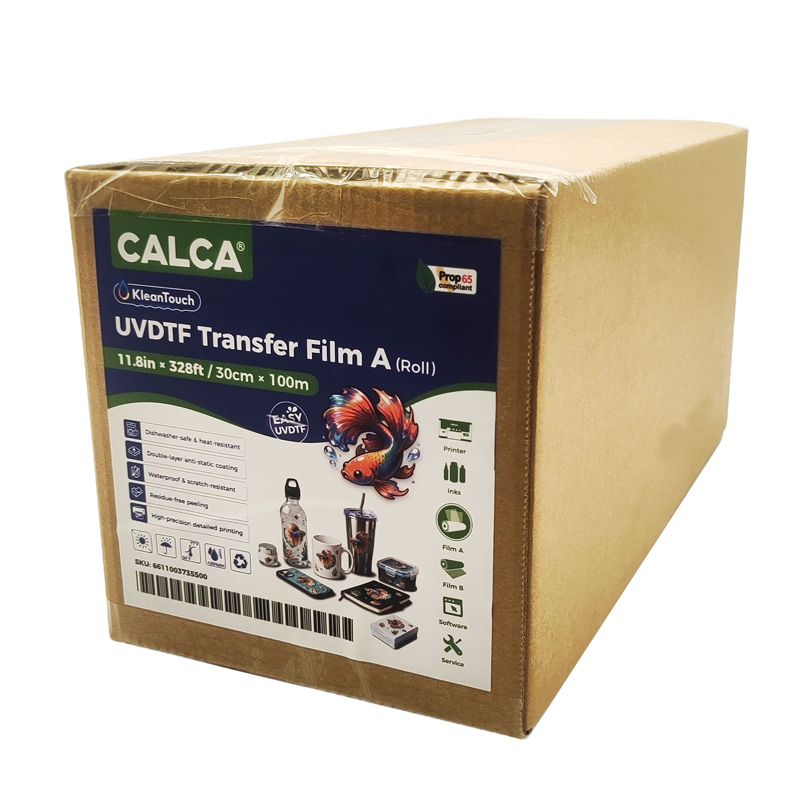 CALCA KleanTouch UV DTF Film 11.8" x 328ft – Dishwasher Safe High Temperature Crystal Label Sticker Roll for Printing
