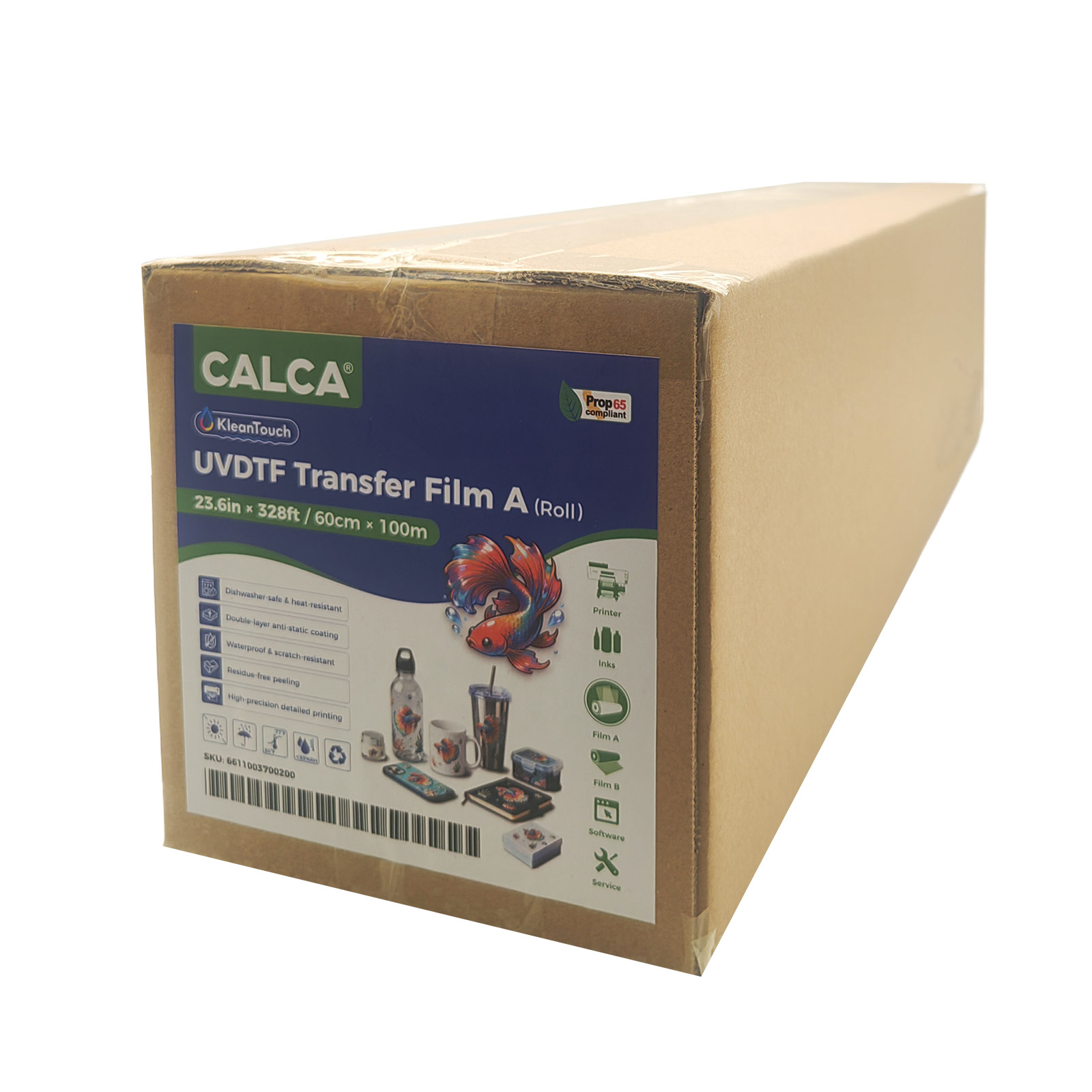 CALCA KleanTouch UV DTF Film 23.6" x 328ft – Dishwasher Safe High Temperature Crystal Label Sticker Roll for Printing